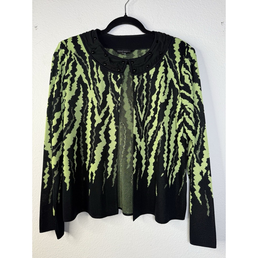 Ming Wang Cardigan Jacket Large Knit Beaded Office Career‎ Boho Neon Green